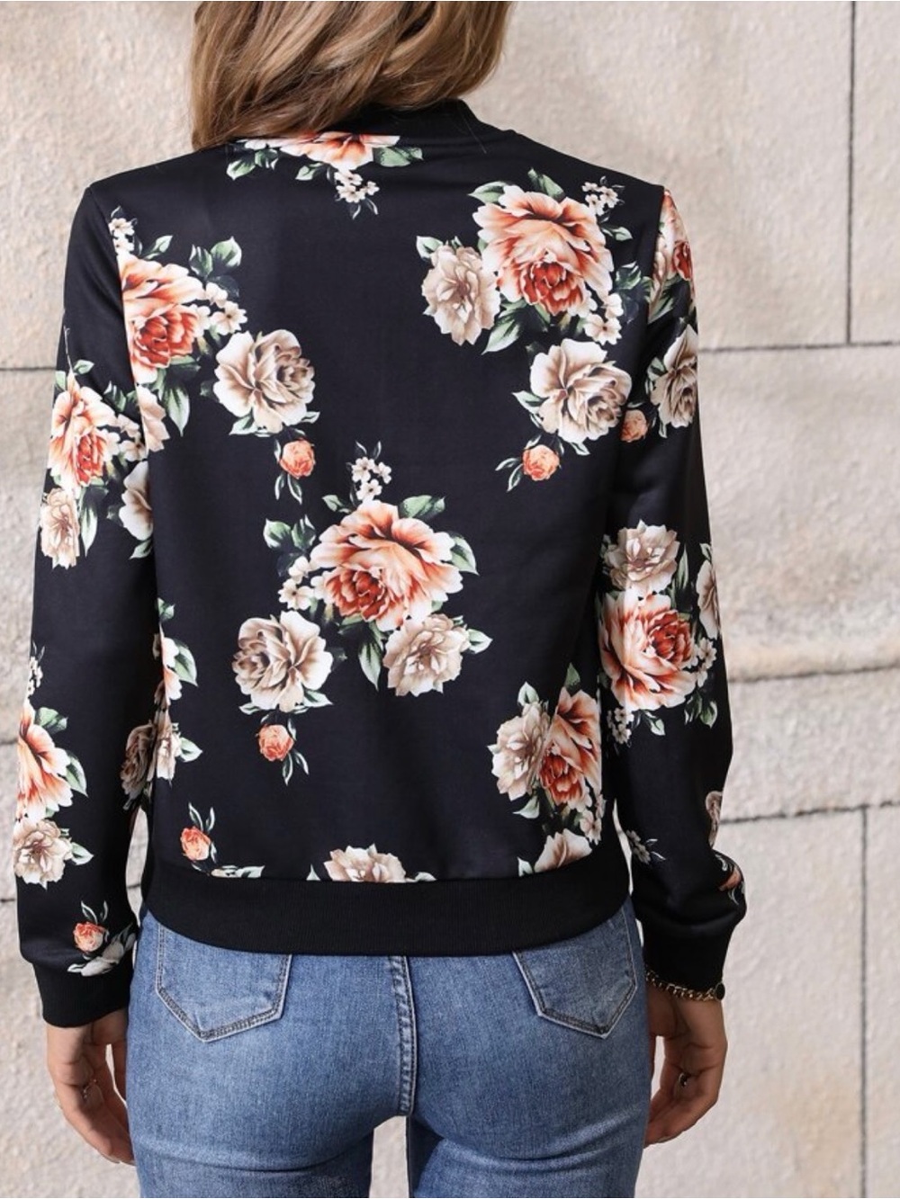 Black Floral Print Boho Zipper Light Bomber Jacket - Picture 2 of 3